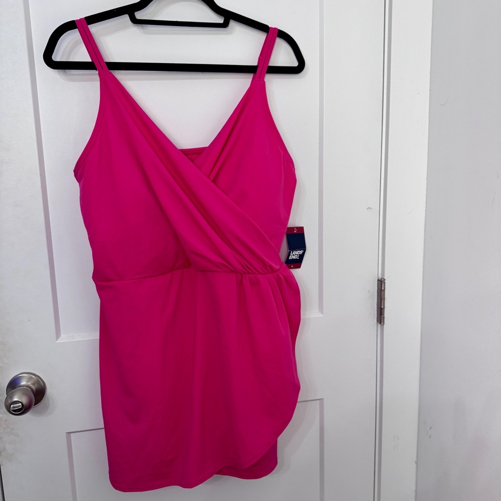 Lands' End Surplice Wrap One-Piece Swim Dress XL 18 NWT Pink Swimsuit V Neck - Picture 2 of 10